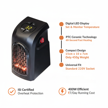 WarmPlug 400W Wall Heater | Plug-In Design | Instant 60-Second Heating | Digital LED Display | ISI Certified Safety | Overheat Protection | Silent Operation | Portable Room Heater | 2-Year Warranty | Black